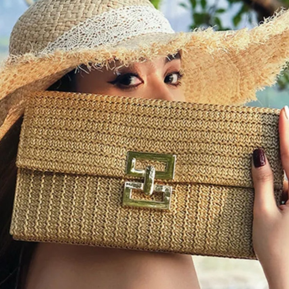 Bohemian Straw Weave Gold Hardware Clutch Purse - Picture 2 of 8